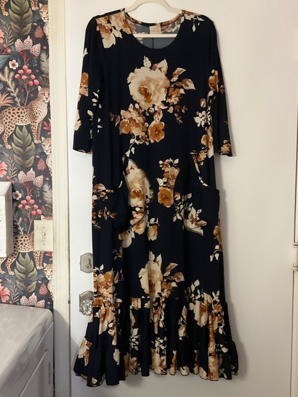 Dark Blue Maxi Dress with Golden Tan Floral Print and Ruffle Hem Size Small